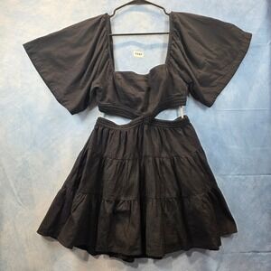 Free People Black Cutout Tiered Mini Dress Flutter Sleeve Smocked Back Small
